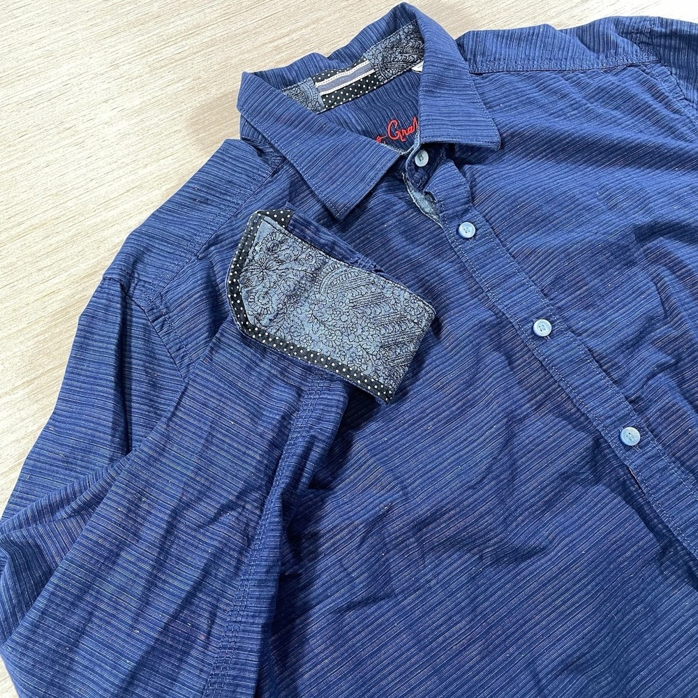 Robert Graham Flip Cuff Button Up Shirt Blue Stripe Size XL Floral Causal Preppy